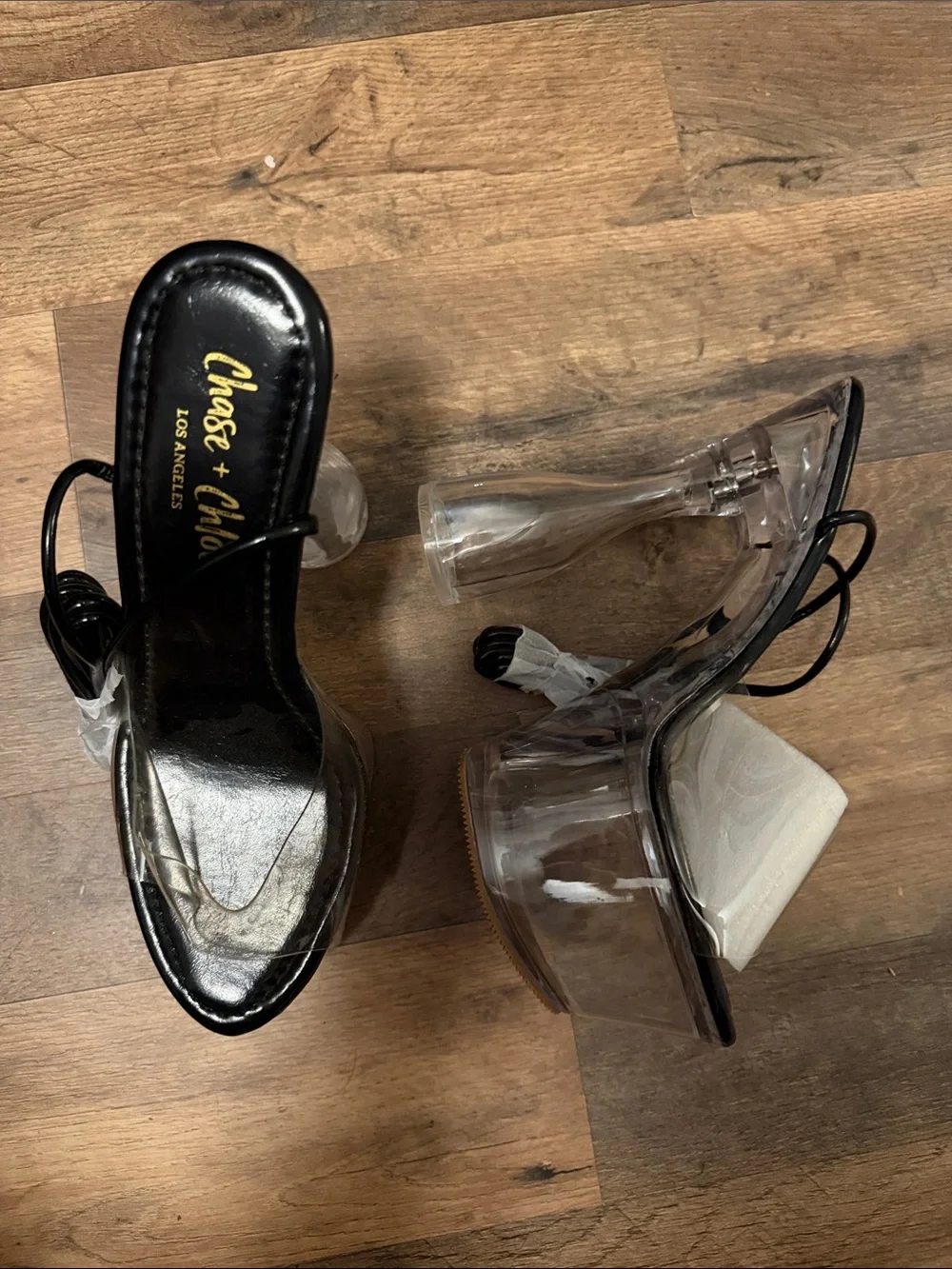 Chase + Chloe Clear Platform Heels with Black Trim and Ankle Tie